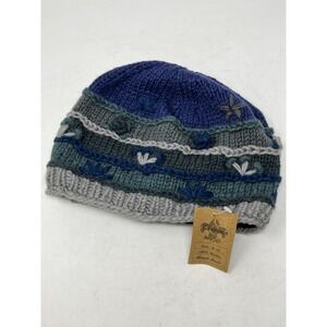 NWT Cheveaux Woolen Beanie Hat Hand Made in Nepal Lined Indigo Blue Gray